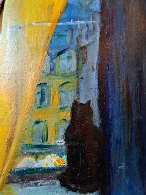 Min kat i mit vindue, maleri på papir, 21x15