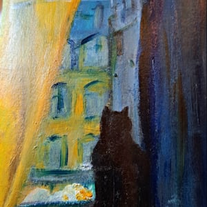 Min kat i mit vindue, maleri på papir, 21x15 – produktbillede