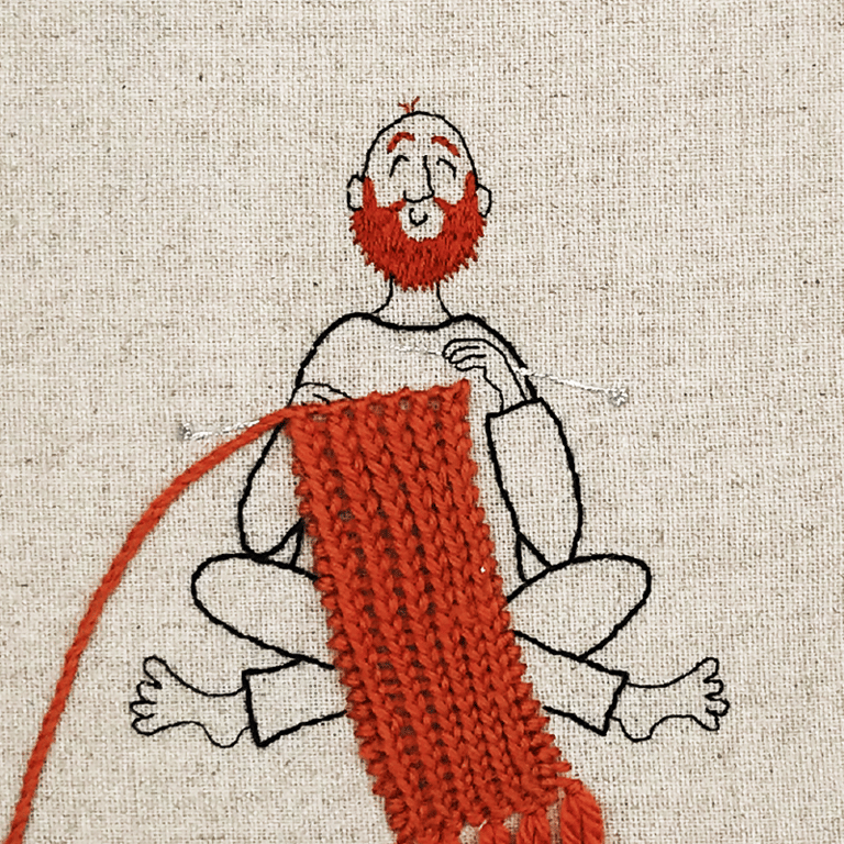 Brun hjemmestrik – rødt skæg – broderi 21 x 30 cm billede 2
