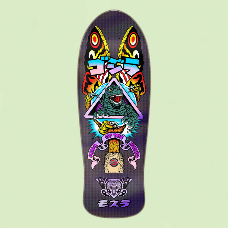 Tegnet skateboarddeck med farverigt design, der viser Godzilla inde i en trekant omgivet af flammende kløer, med teksten "King of the Monsters" og en mønsterlignende måge under.
