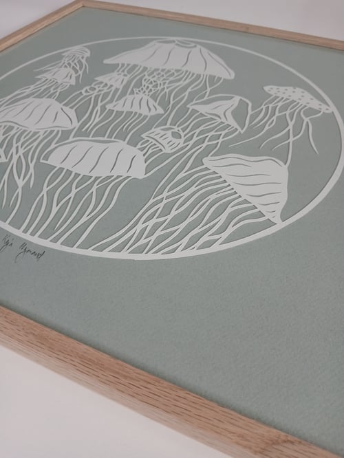 40x40cm,  "hav af gopler", gråblå, indrammet