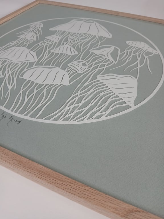 40x40cm,  "hav af gopler", gråblå, indrammet (2)