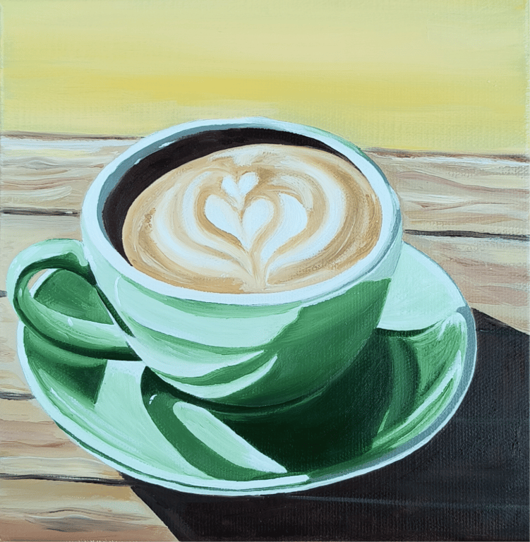Kaffe i grøn kop og sol. 20*20