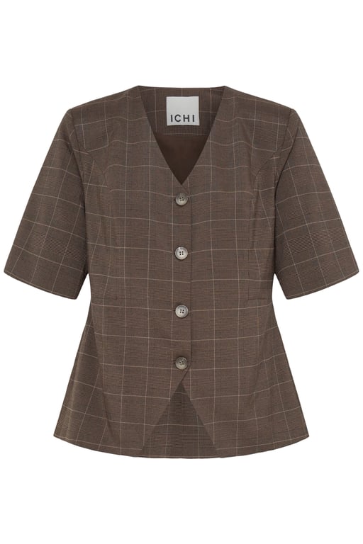 Brun ternet kortærmet blazerjakke med V-hals og fire knapper fra mærket ICHI.