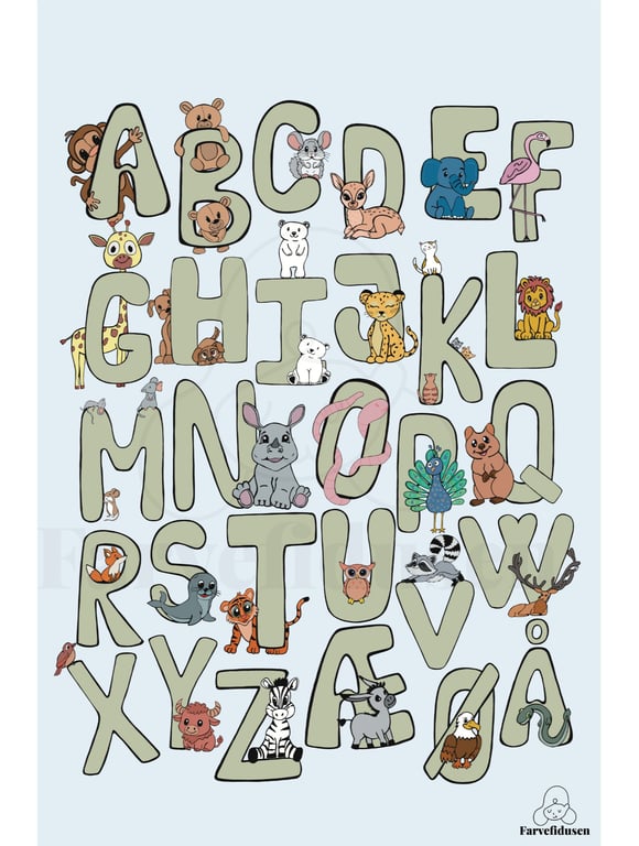 Plakat med Navn: ABC DYR NAVNE-PLAKAT (Grøn Skrift, blå baggrund) (3)