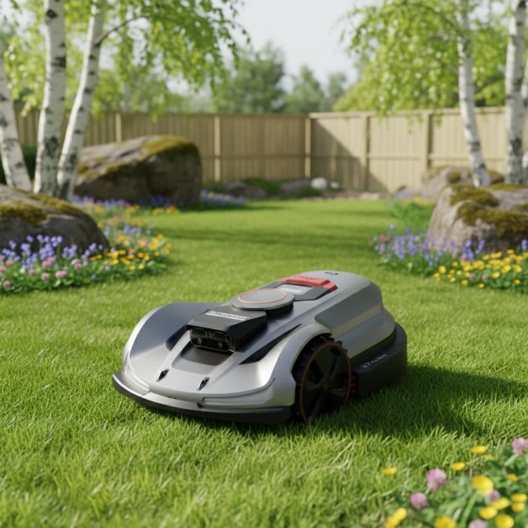 Robotplæneklipper i en velplejet have med grøn græsplæne, blomster, store sten og birketræer bag et træhegn.