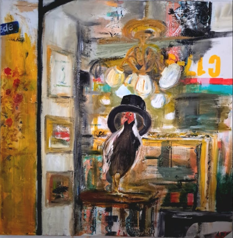 Kalkun i Rammehåndværks butiksvindue, maleri fra vesterbro, 60x60