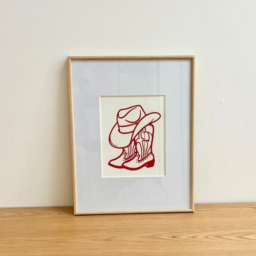 Howdy cowgirl – serigrafi i rød på tonet papir (2)