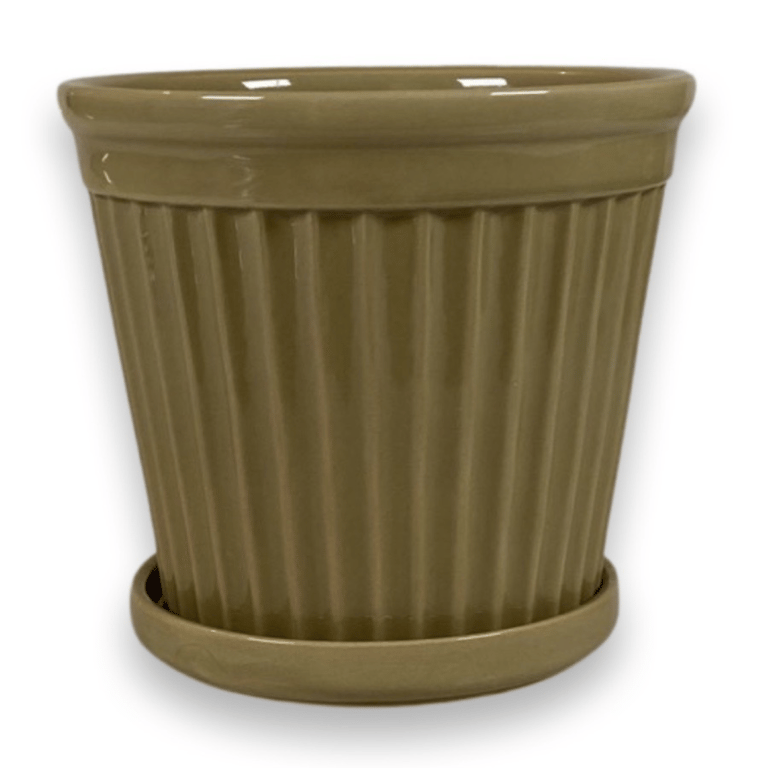 Brun, glaseret keramisk urtepotte med riller og medfølgende underskål.