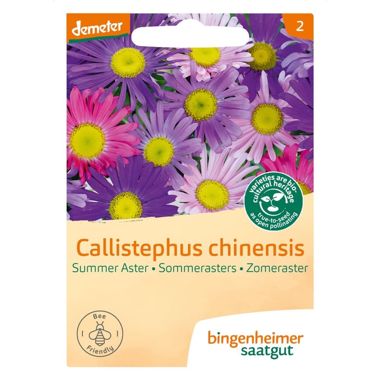 Frøpose med billede af farverige sommerasterblomster i nuancer af lilla, lyserød og rosa. Tekst på dansk: Callistephus chinensis, Sommerasters, logoer for Demeter, bi-venlig og bingenheimer saatgut.