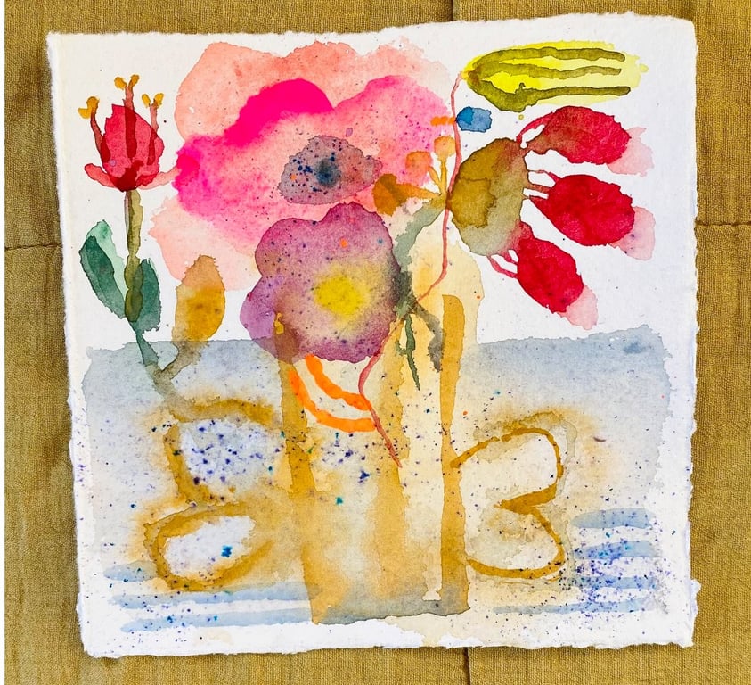 Vilde blomster i okker  - original akvarel (3)