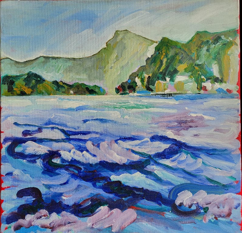 Landskab akryl på lærred 60 x 60 cm indrammet i sølvramme