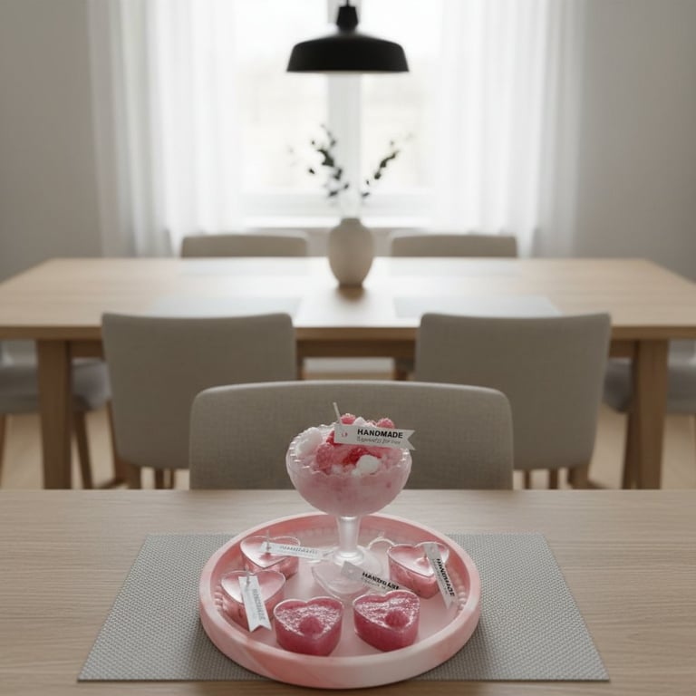 Lyserødt lysestage- og dekorationssæt med hjerteformede stearinlys og en stor kupa med blomster på et rundt fad, placeret på et bord i et lyst, minimalistisk rum.