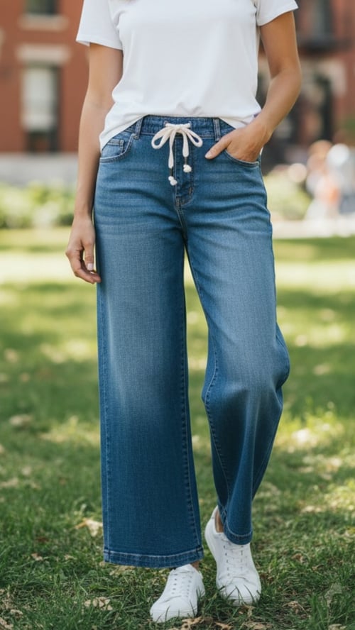 Person iført blå jeans med snøre i taljen og hvid t-shirt, stående på græs i udendørs omgivelser. (1)
