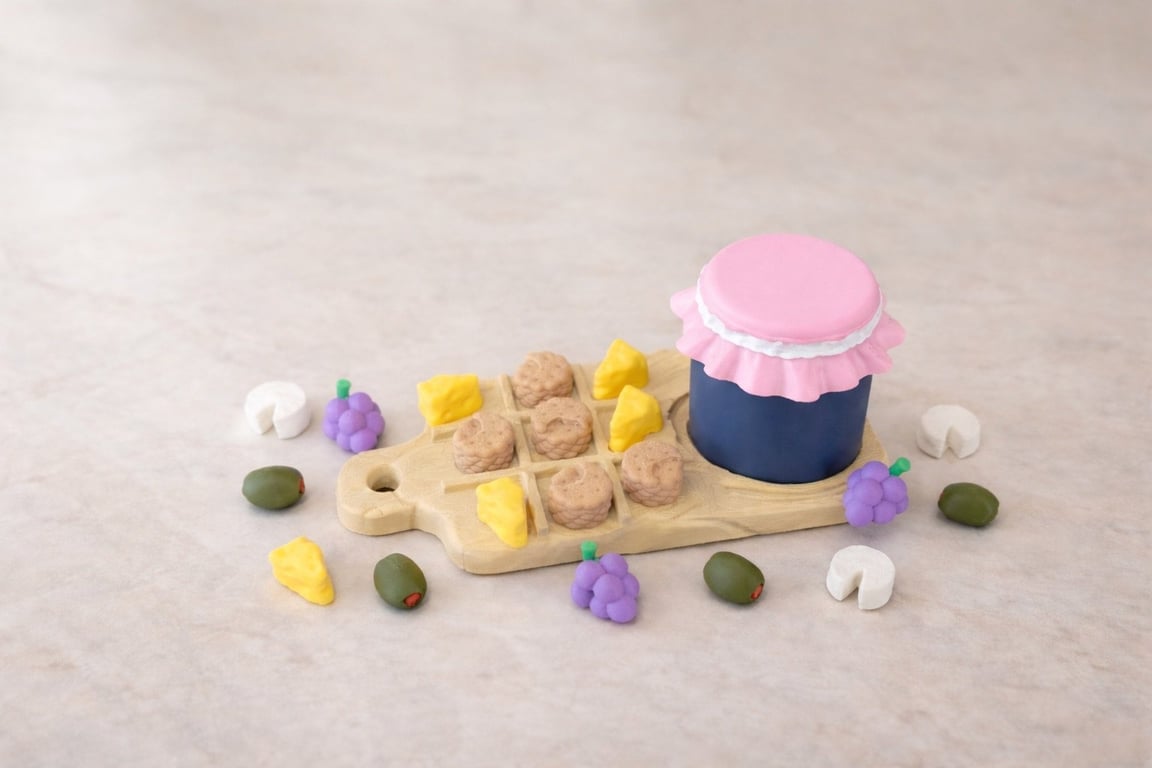 Legetøjsoste, druer, oliven og en krukke marmelade arrangeret på et lille træbræt.