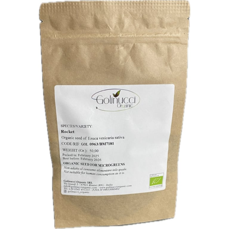 Brun papirpose med label, der viser økologiske rocketfrø til mikrogrønt fra mærket Golinucci Organic.