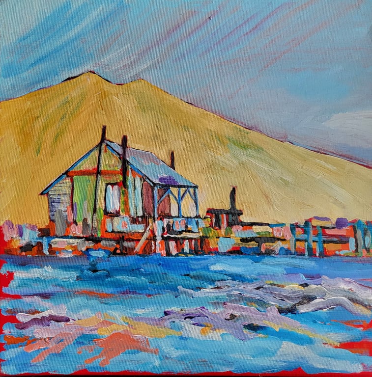 Landskab akryl på lærred 60 x 60 cm indrammet i sølvramme