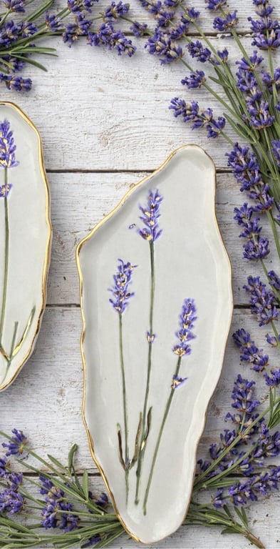 Langt, hvidt, ovalt fad med guldkant og lavendelmotiver på, omgivet af friske lavendelblomster på en lyst træbord.