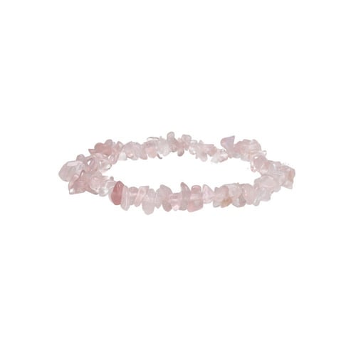Armbånd lavet af små, uregelmæssige rosa kvartskrystaller på elastisk snor. (2)