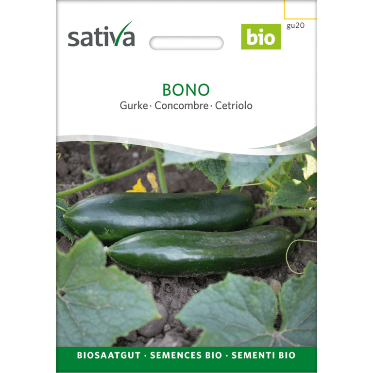 Frøpakke til økologisk agurk af mærket Sativa med sortenavn "Bono" vist med to agurker på jord blandt grønne blade.