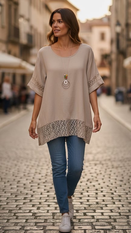 Veronika blouse, Beige w blonde detaljer. Onesize 38-48. (2)