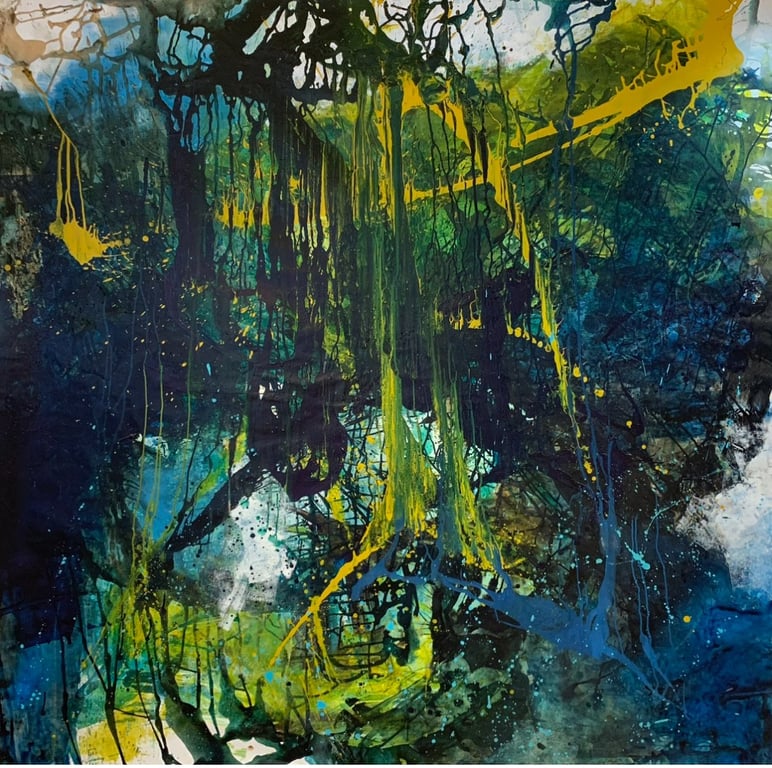 MALERI Stort maleri i grønne - blålige farver. Eventyrlig med dybe og dejlig inspiration til fantasien billede 3