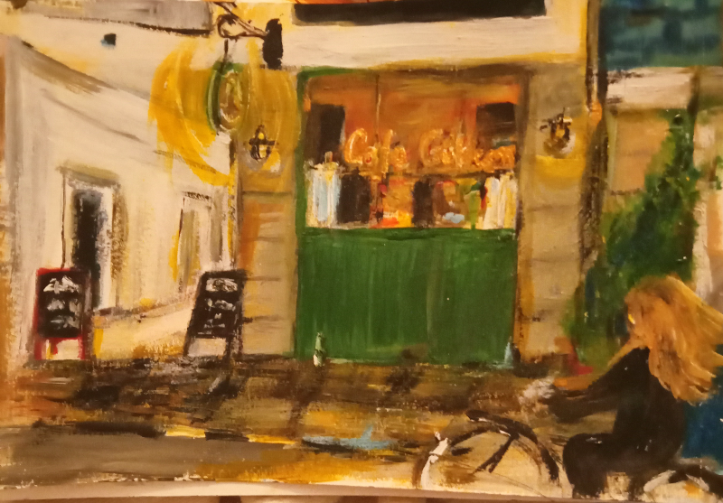 Guldregn, morgen værtshus, forbi, 18,6x21, lille maleri