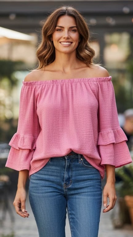 Kvinde med skulderbar pink bluse og blå jeans, smilende udendørs.