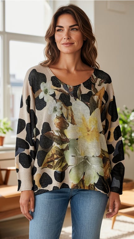 Kvinde iført løs, mønstret sweater med blomster og dyreprint, stående i lyst rum med vindue og planter i baggrunden.