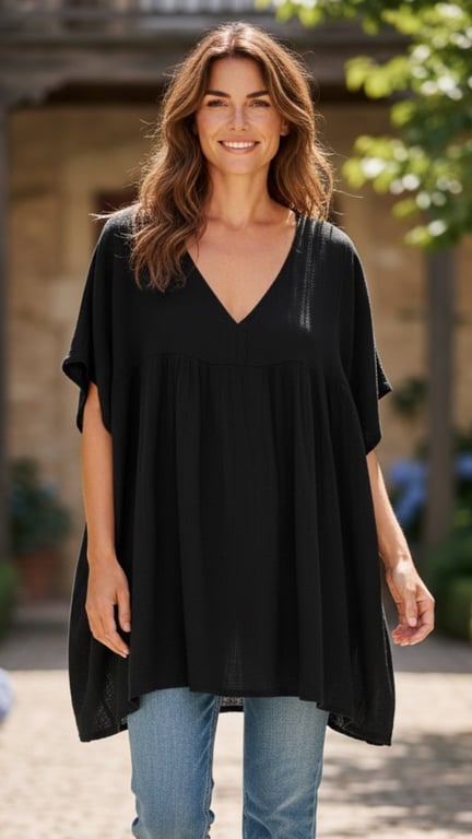 Kvinde iført løs sort tunika med v-udskæring og lyseblå jeans, stående udendørs med smil.