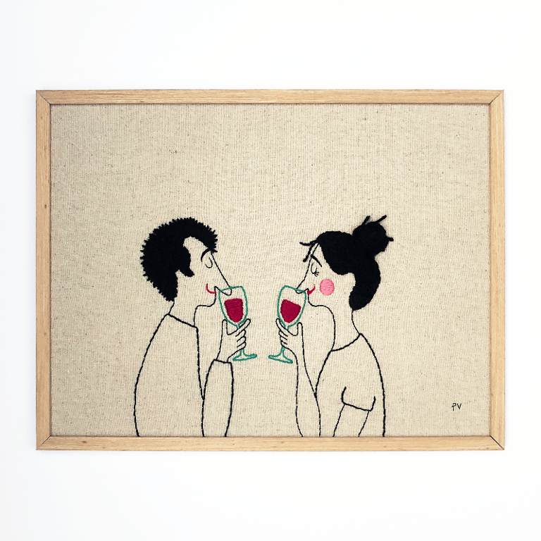 Rødvinsnæser – sort hår – broderi 30 x 40 cm