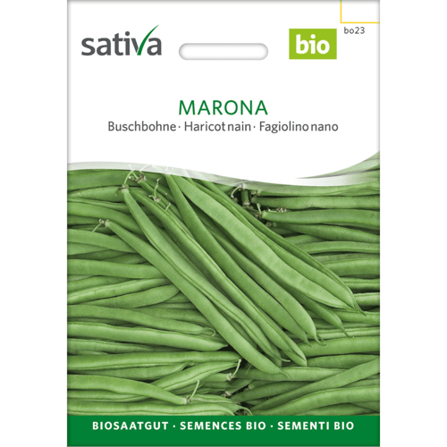 Frøpose til økologiske grønne bønner af mærket Sativa, sorten Marona, med billede af friske grønne bønner. (1)