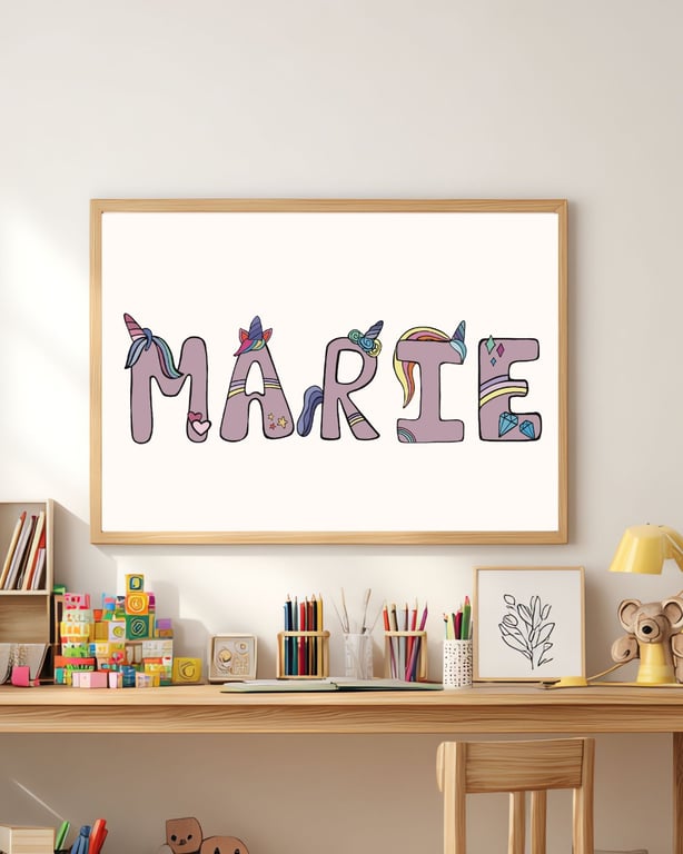 Plakat med Navn: ABC UNICORN  NAVNE-PLAKAT (ROSA Skrift, beige baggrund)