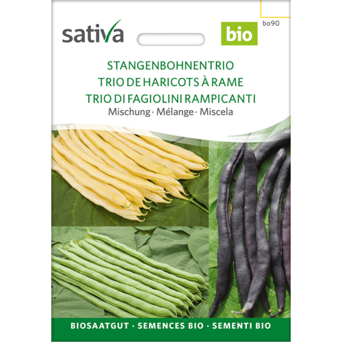 Frøpose med økologiske frø til tre slags stangbønner i farverne gul, grøn og lilla fra mærket Sativa. (1)