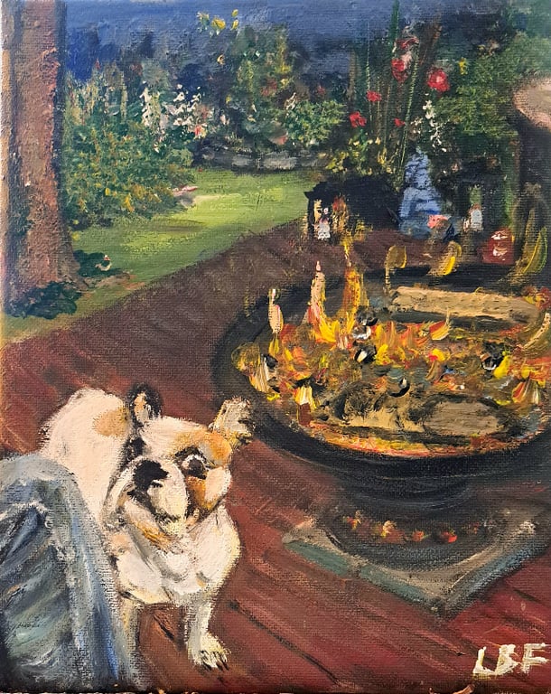 En dejlig hund og bål, 30x24, akrylmaleri