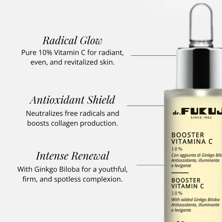 Flaske med dr. Fukuji Vitamin C serum med tekst, der fremhæver fordelene: ren 10% vitamin C for strålende og revitaliseret hud, neutralisering af frie radikaler og øget kollagenproduktion, samt Ginkgo Biloba for en ungdommelig, fast og ren teint.