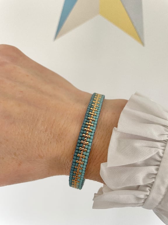 VÆVET JAPANSK ARMBÅND TURKIS/GULD billede 2
