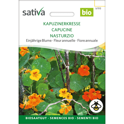 Frøpose til økologisk kapuzinerkresse med billede af orange og gule blomster samt grønne blade, mærket med "sativa" og "bio". (1)