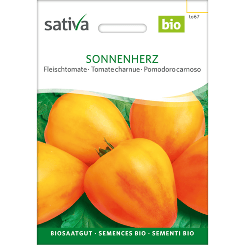 Frøpose til økologiske Sonnenherz kødtomater fra Sativa med billede af gule-orange tomater på grønne blade. (1)