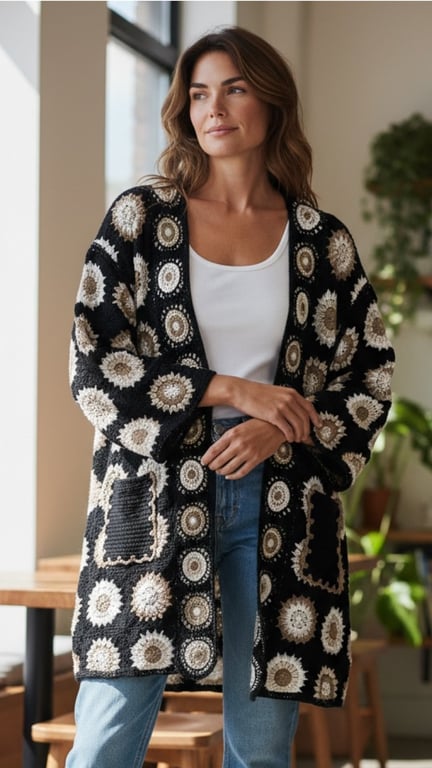 Kvinde iført sort hæklede cardigan med hvide og beige cirkulære mønstre, hvid top og blå jeans, står indendørs ved vindue.