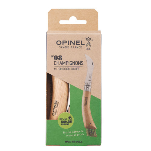 Pakke med Opinel nr. 08 champignonkniv med buet blad og børste, fremstillet i træ og stål, mærket "Made in France". (1)