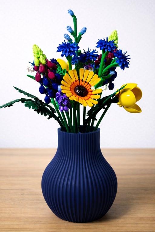 Blomsterarrangement i en blå, rillede vase lavet af LEGO-klodser med farverige blomster i gult, blå, lilla og grønt.