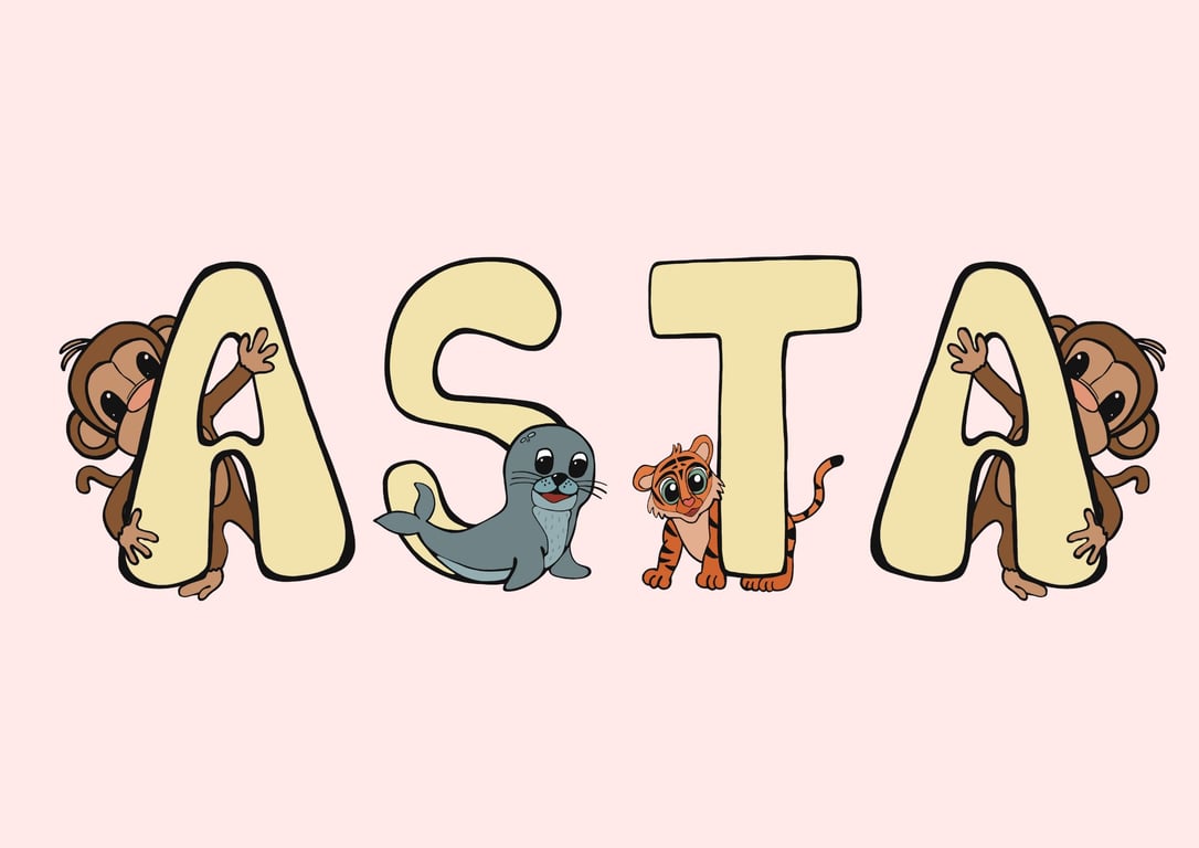 Plakat med Navn: ABC DYR  NAVNE-PLAKAT (Gul Skrift, Rosa baggrund) (6)