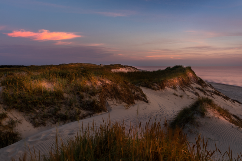 En lyserød sky over Gammel Skagen en smuk sommeraften lige efter solnedgang