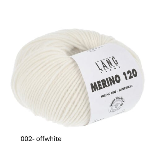 Hvid offwhite kugle af garn med etiket, der viser mærket Lang Yarns Merino 120, superwash og merinould. (2)