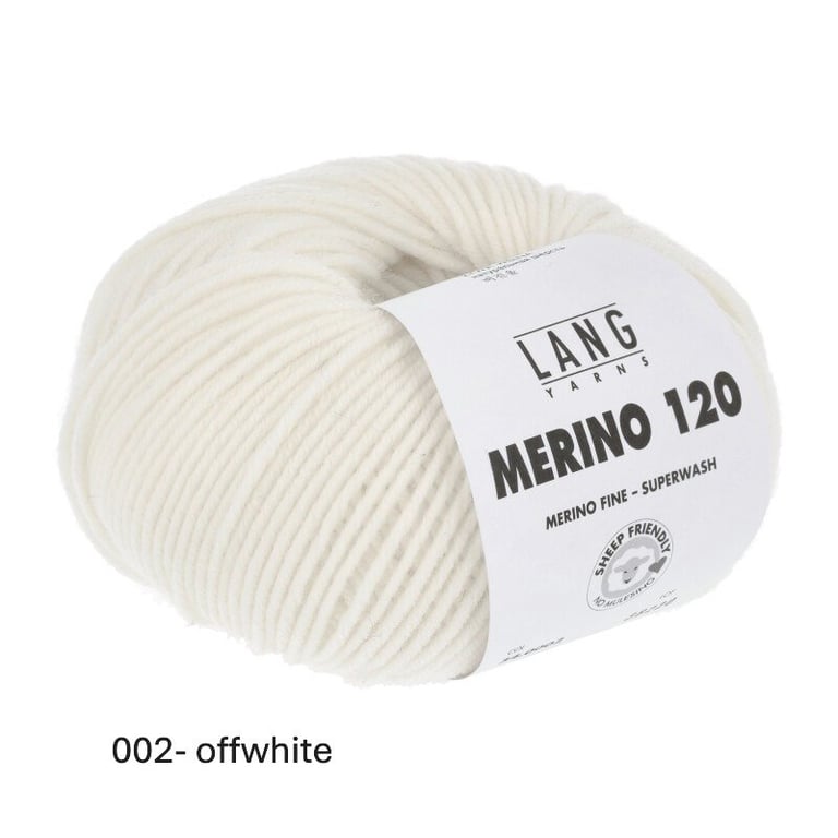 Hvid offwhite kugle af garn med etiket, der viser mærket Lang Yarns Merino 120, superwash og merinould.