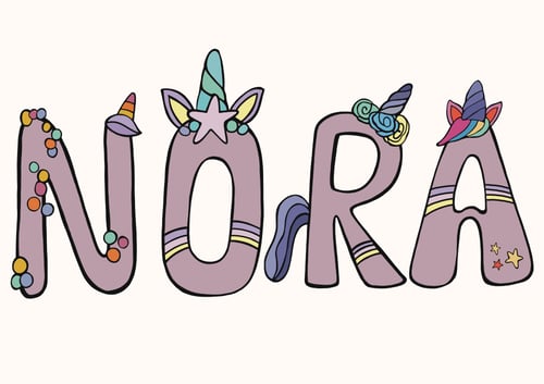 Plakat med Navn: ABC UNICORN  NAVNE-PLAKAT (ROSA Skrift, beige baggrund) (2)