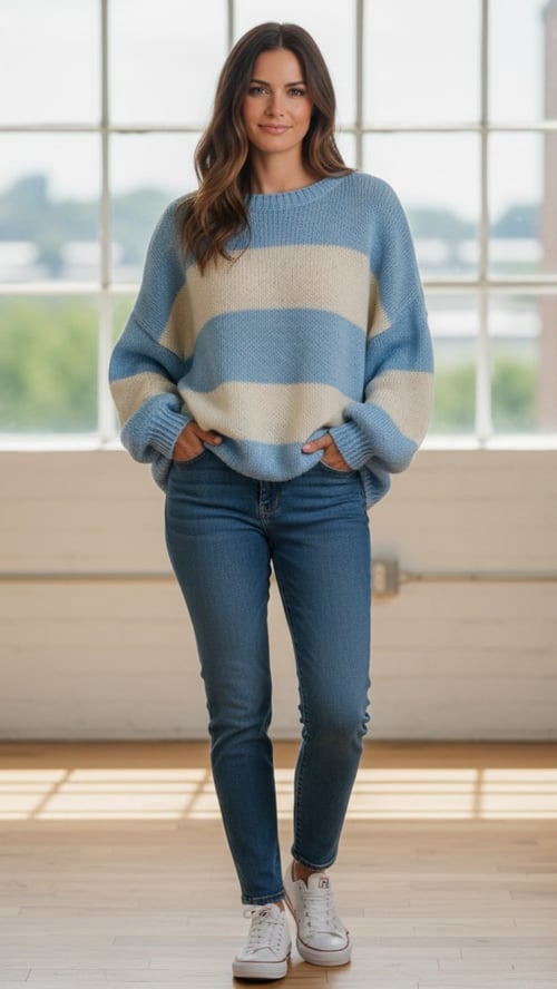 Jenna knit blouse. Beige w light blue stripes. Onesize 38-48. (2)