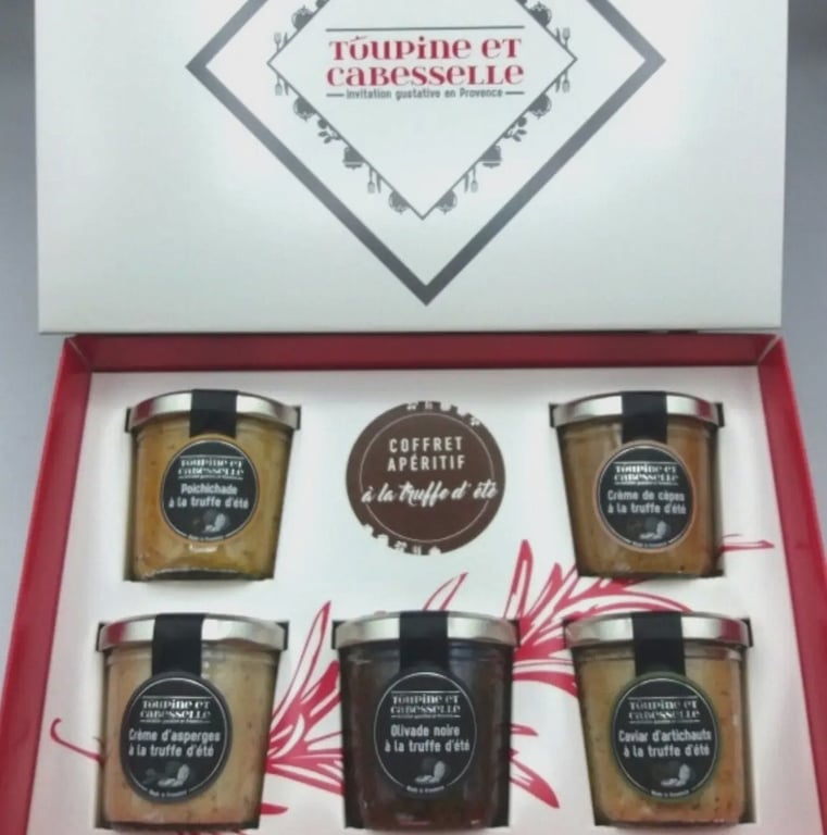 Gaveæske med fem glas aperitifprodukter fra Toupine et Cabesselle, herunder trøffelpålæg og cremer i Provence-stil. (2)