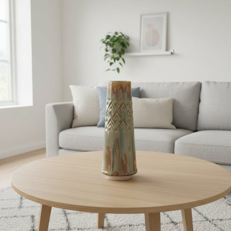 Keramisk vase med mønster og jordfarver på rundt træbord i moderne stue med grå sofa og puder.
